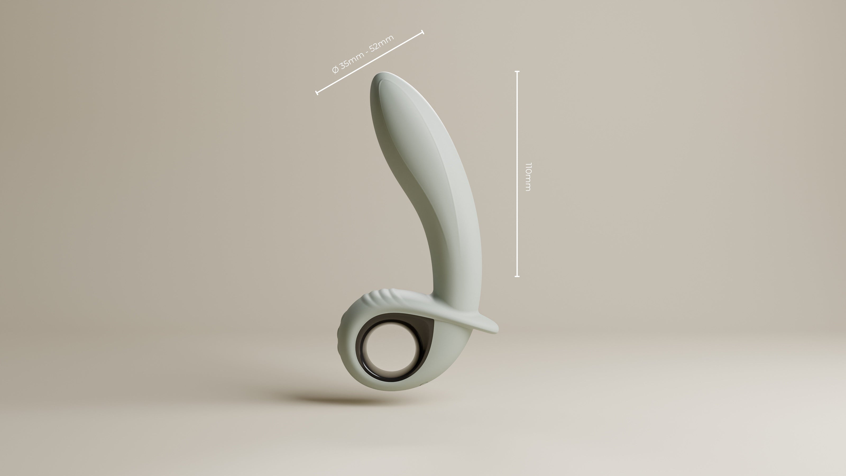 Odes Swell uitzettende anale vibrator in grijs, zijaanzicht met ronde basis en witte maatlijnen