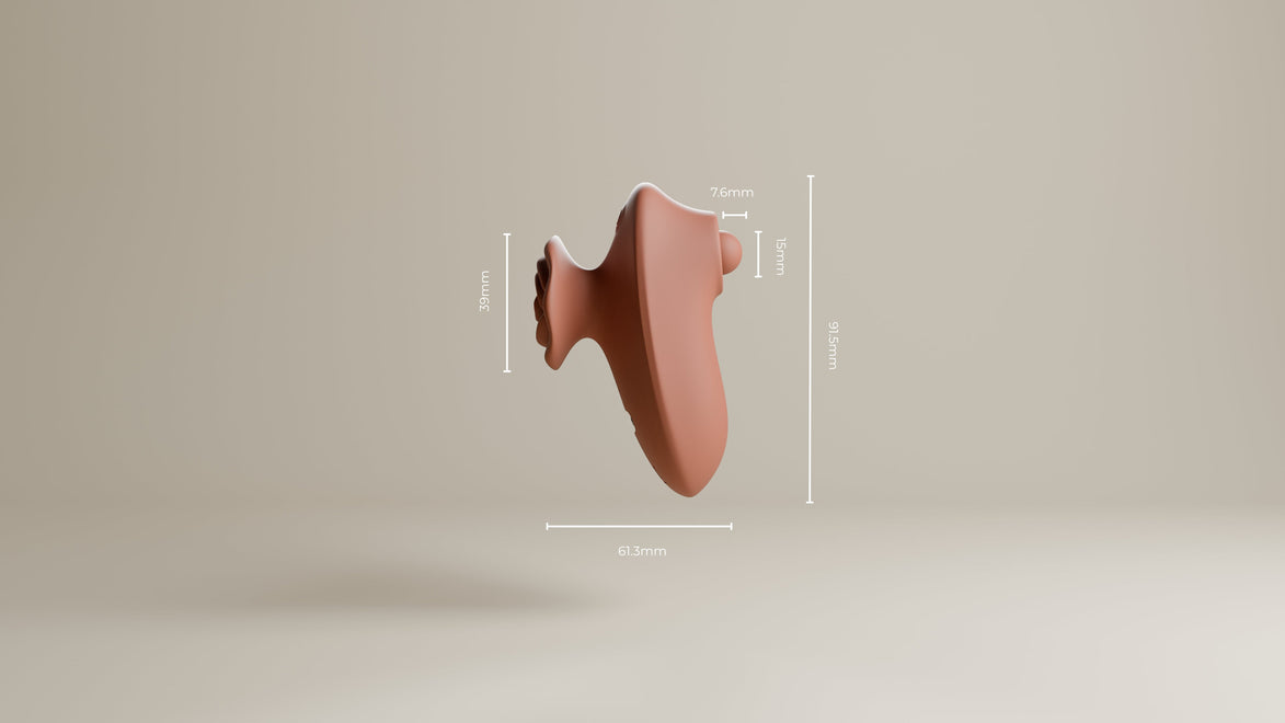 Odes The Touch clitorisvibrator in zijaanzicht met maatlijnen, 91,5 mm lengte en 61,3 mm breedte