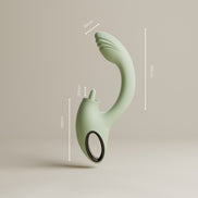 Odes Unite vibrator met maatlijnen, saliegroene body, gebogen top en zichtbaar ringhandvat