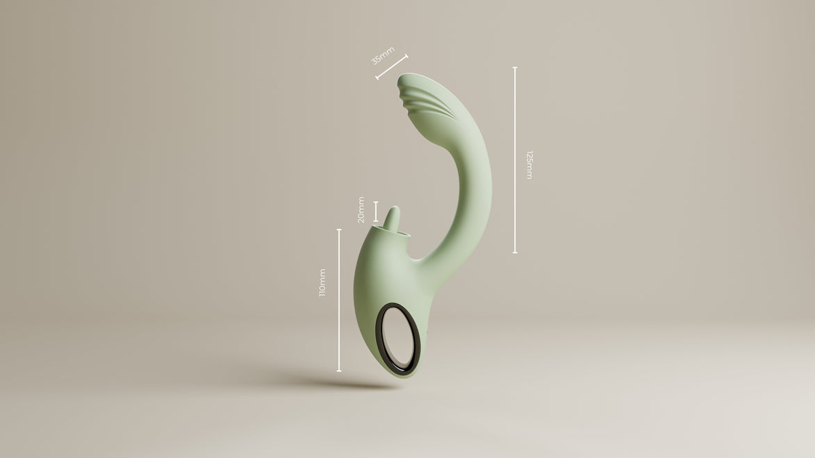 Odes Unite vibrator met maatlijnen, saliegroene body, gebogen top en zichtbaar ringhandvat