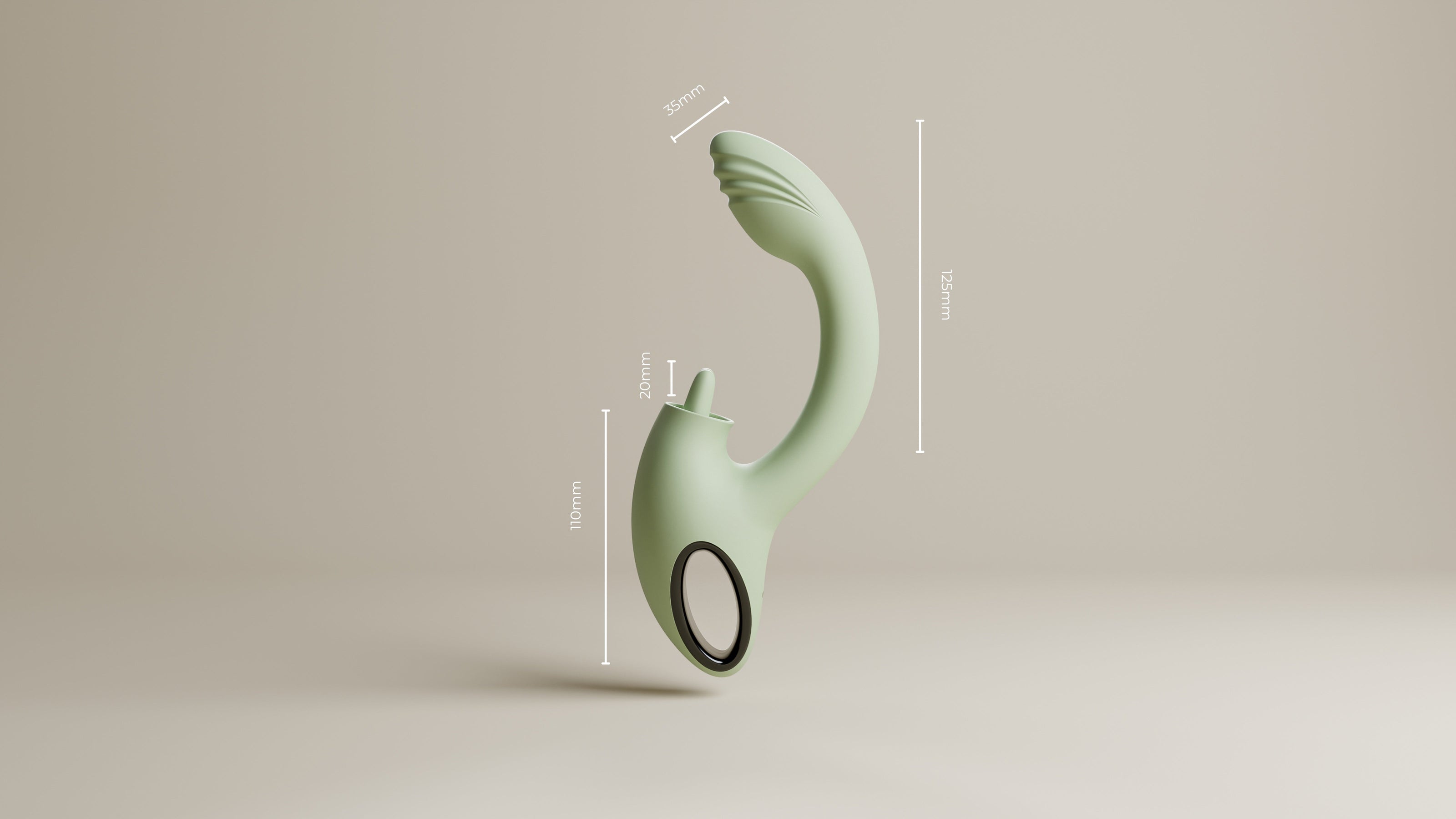 Odes Unite vibrator met maatlijnen, saliegroene body, gebogen top en zichtbaar ringhandvat
