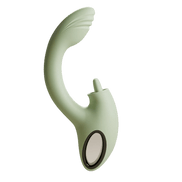 Saliegroene Odes Unite rabbit vibrator in zijaanzicht met gebogen schacht, geribbelde top en kleine stimulatiearm.