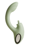 Saliegroene Odes Unite rabbit vibrator in zijaanzicht met gebogen schacht, geribbelde top en kleine stimulatiearm.