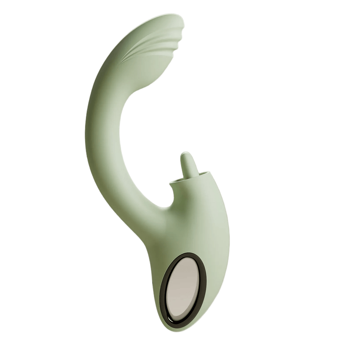 Saliegroene Odes Unite rabbit vibrator in zijaanzicht met gebogen schacht, geribbelde top en kleine stimulatiearm.