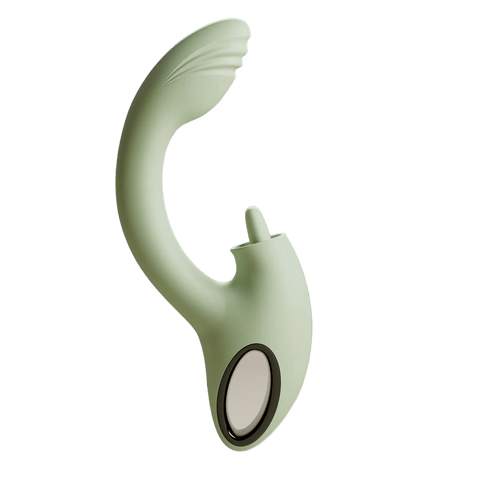 Saliegroene Odes Unite rabbit vibrator in zijaanzicht met gebogen schacht, geribbelde top en kleine stimulatiearm.