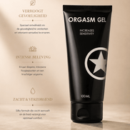 Orgasm Gel zwarte tube 100 ml op warme beige achtergrond met tekst over verhoogde gevoeligheid links