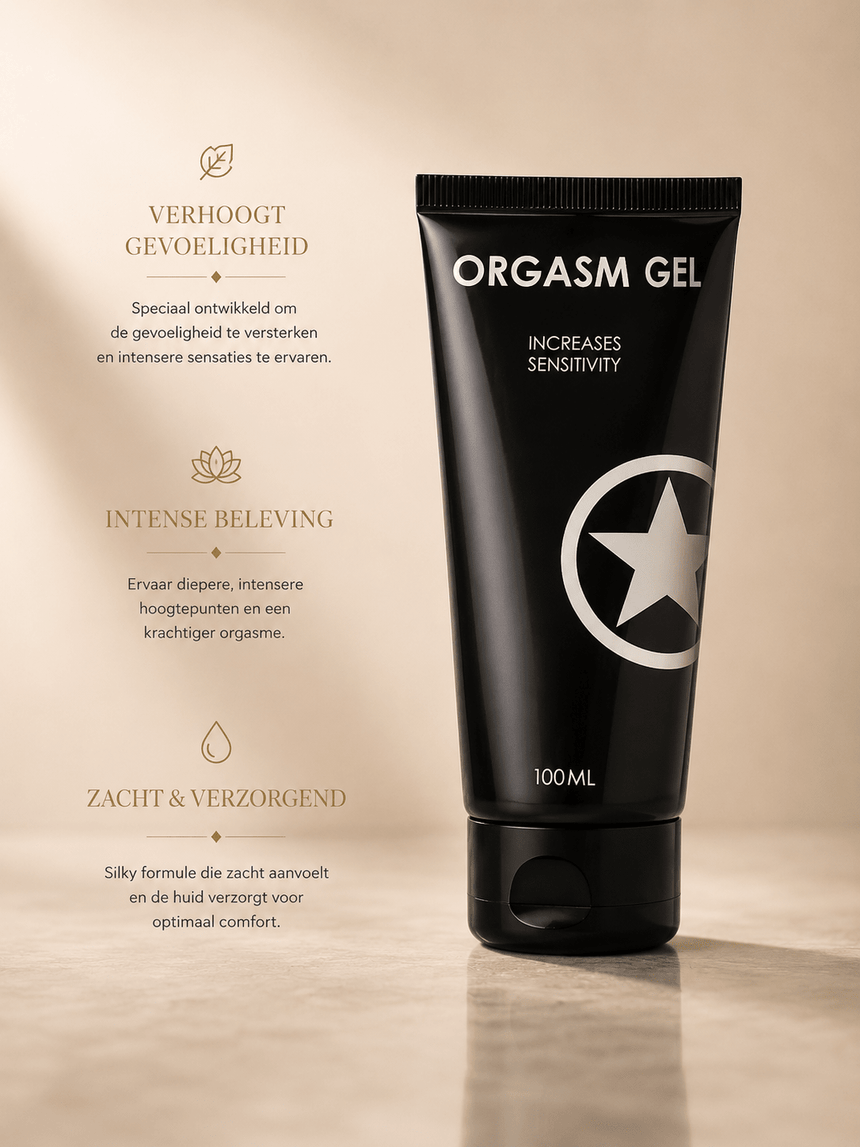 Orgasm Gel zwarte tube 100 ml op warme beige achtergrond met tekst over verhoogde gevoeligheid links