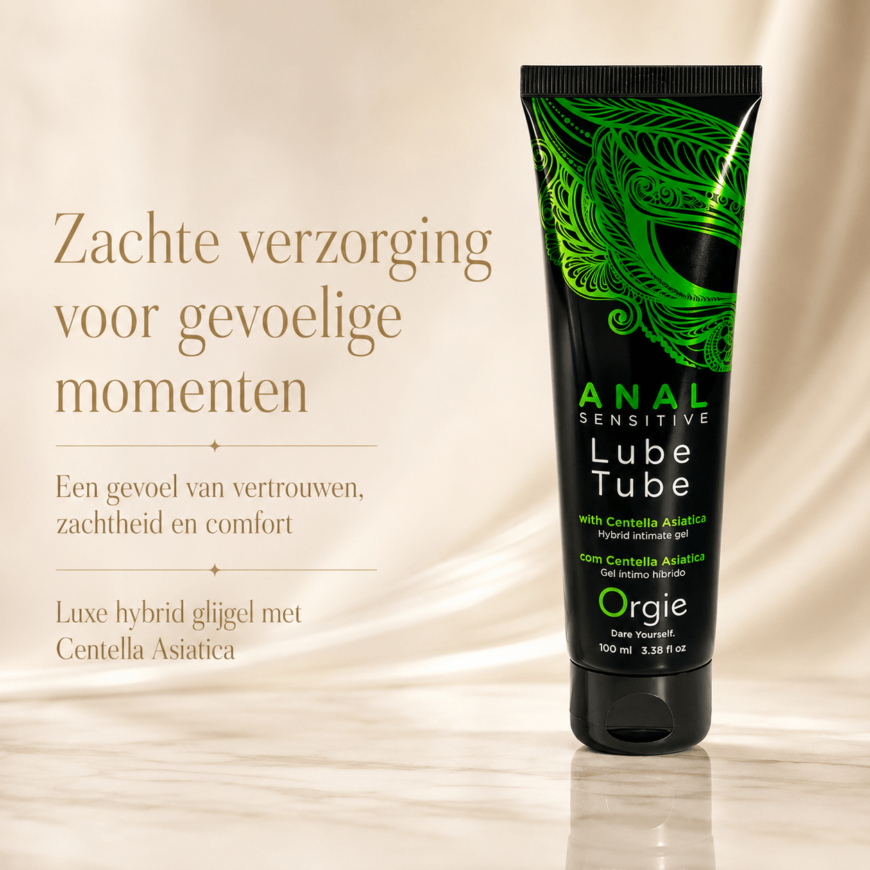 Orgie Anal Sensitive Lube Tube hybrid glijgel met Centella Asiatica in luxe beige campagnebeeld