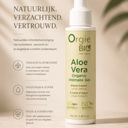 Orgie Bio Aloe Vera Intiem Gel 100 ml in lichte pompflacon met tekst Natuurlijk, verzachtend, vertrouwd