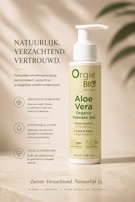 Orgie Bio Aloe Vera Intiem Gel 100 ml in lichte pompflacon met tekst Natuurlijk, verzachtend, vertrouwd