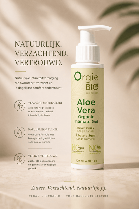 Orgie Bio Aloe Vera Intiem Gel 100 ml in lichte pompflacon met tekst Natuurlijk, verzachtend, vertrouwd