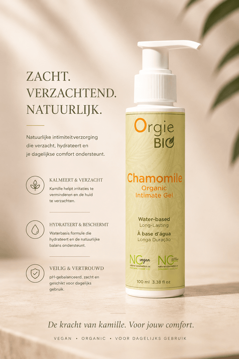 Orgie Bio Kamille Intiem Gel 100 ml in lichte pompflacon met tekst Zacht, verzachtend, natuurlijk