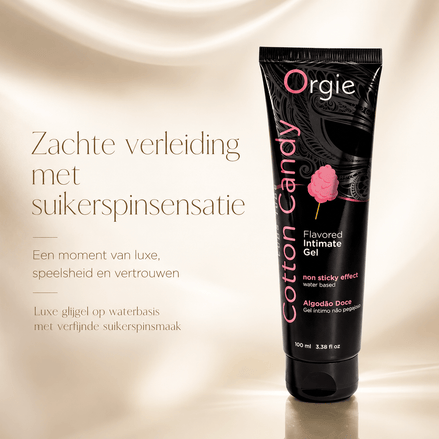 Orgie Cotton Candy glijgel op waterbasis in zwarte tube, luxe beige campagnebeeld met suikerspinsmaak