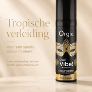 Orgie Dual Vibe Kissable Pina Colada 15 ml in zwarte flacon met goud maskerlabel en tekst Tropische verleiding