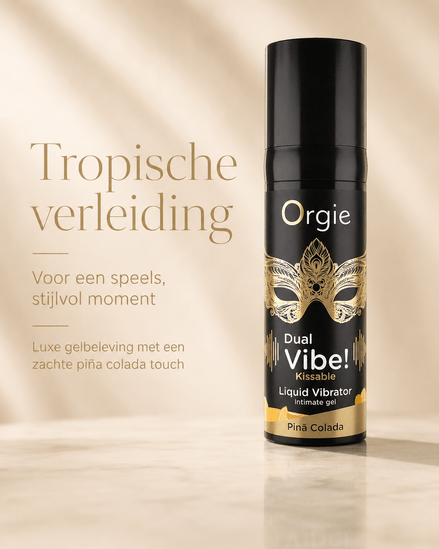 Orgie Dual Vibe Kissable Pina Colada 15 ml in zwarte flacon met goud maskerlabel en tekst Tropische verleiding
