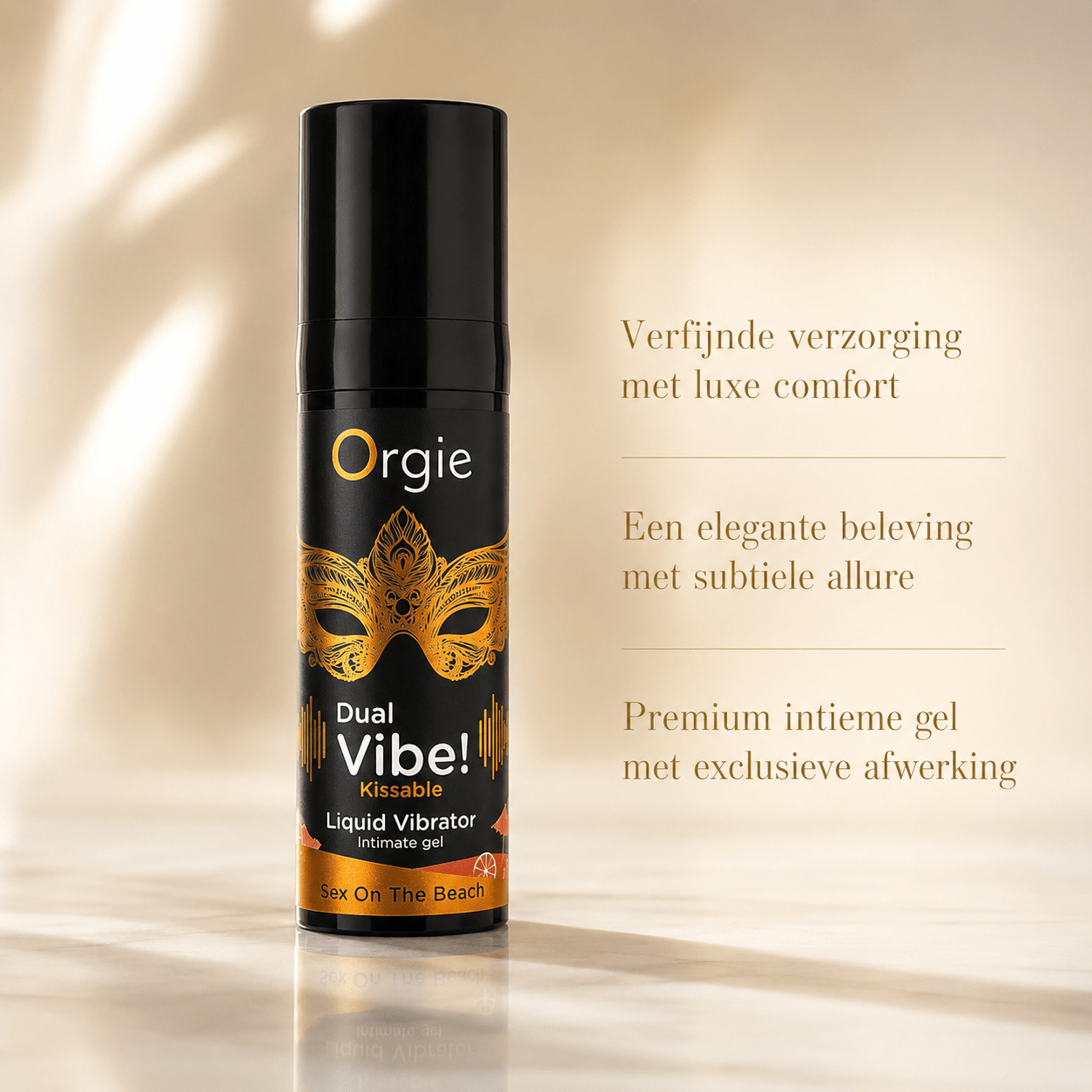 Orgie Dual Vibe Sex On The Beach 15 ml in zwarte flacon met goud maskerlabel en tekst Verfijnde verzorging