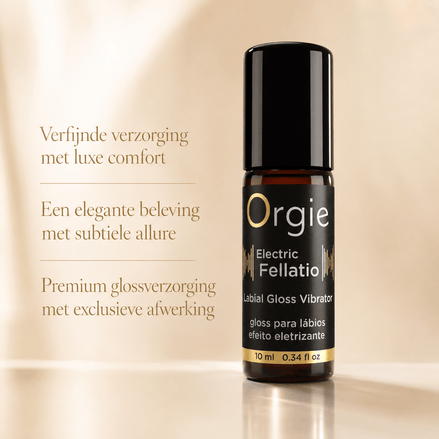 Orgie Electric Fellatio Labial Gloss Vibrator 10 ml in bruine rollerflacon met zwart label en goudaccent