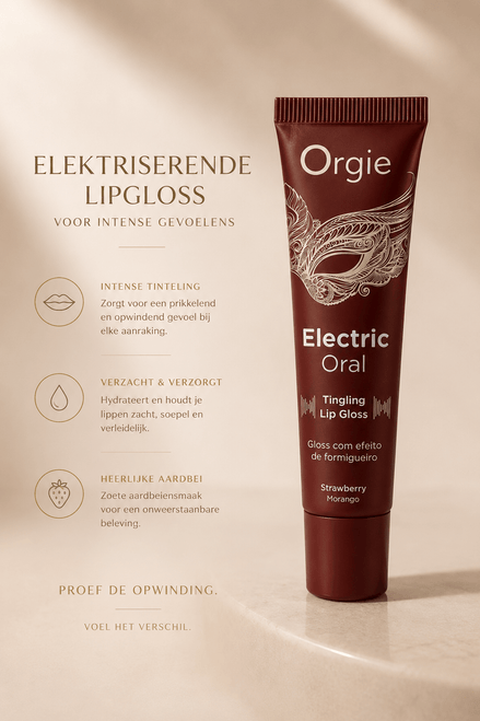 Orgie Electric Oral tintelende lipgloss aardbei 10 ml in bruinrode tube met tekst Elektriserende lipgloss
