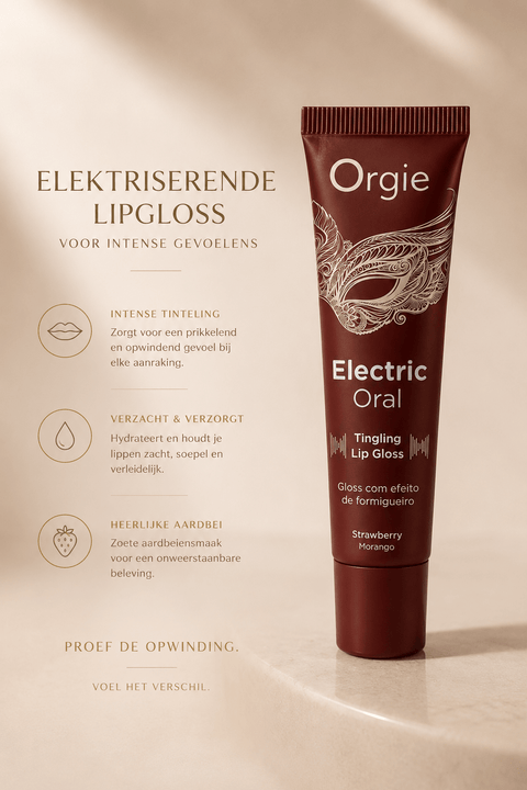 Orgie Electric Oral tintelende lipgloss aardbei 10 ml in bruinrode tube met tekst Elektriserende lipgloss