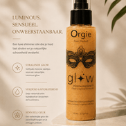 Orgie Glow Shimmer Bodyolie 110 ml in gouden sprayflacon met zwart masker en tekst Luminous, sensueel