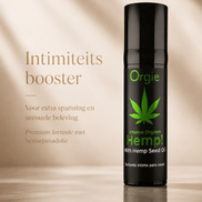 Orgie Hemp Intense Orgasm Gel 15 ml in zwarte flacon met groene hennepprint en tekst Intimiteitsbooster
