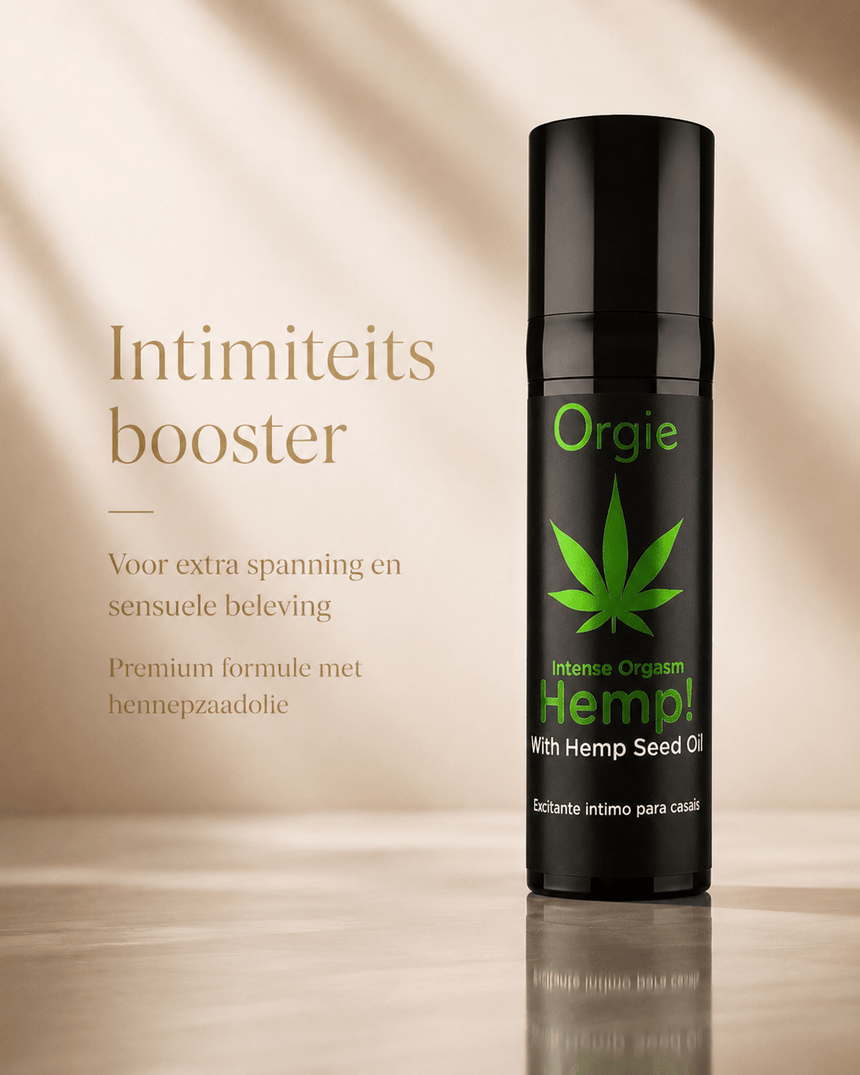 Orgie Hemp Intense Orgasm Gel 15 ml in zwarte flacon met groene hennepprint en tekst Intimiteitsbooster