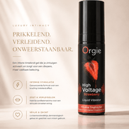 Orgie High Voltage Strawberry stimulerende gel in zwarte flacon met aardbeiaccent op warme luxe achtergrond