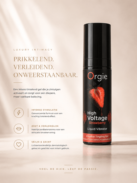 Orgie High Voltage Strawberry stimulerende gel in zwarte flacon met aardbeiaccent op warme luxe achtergrond