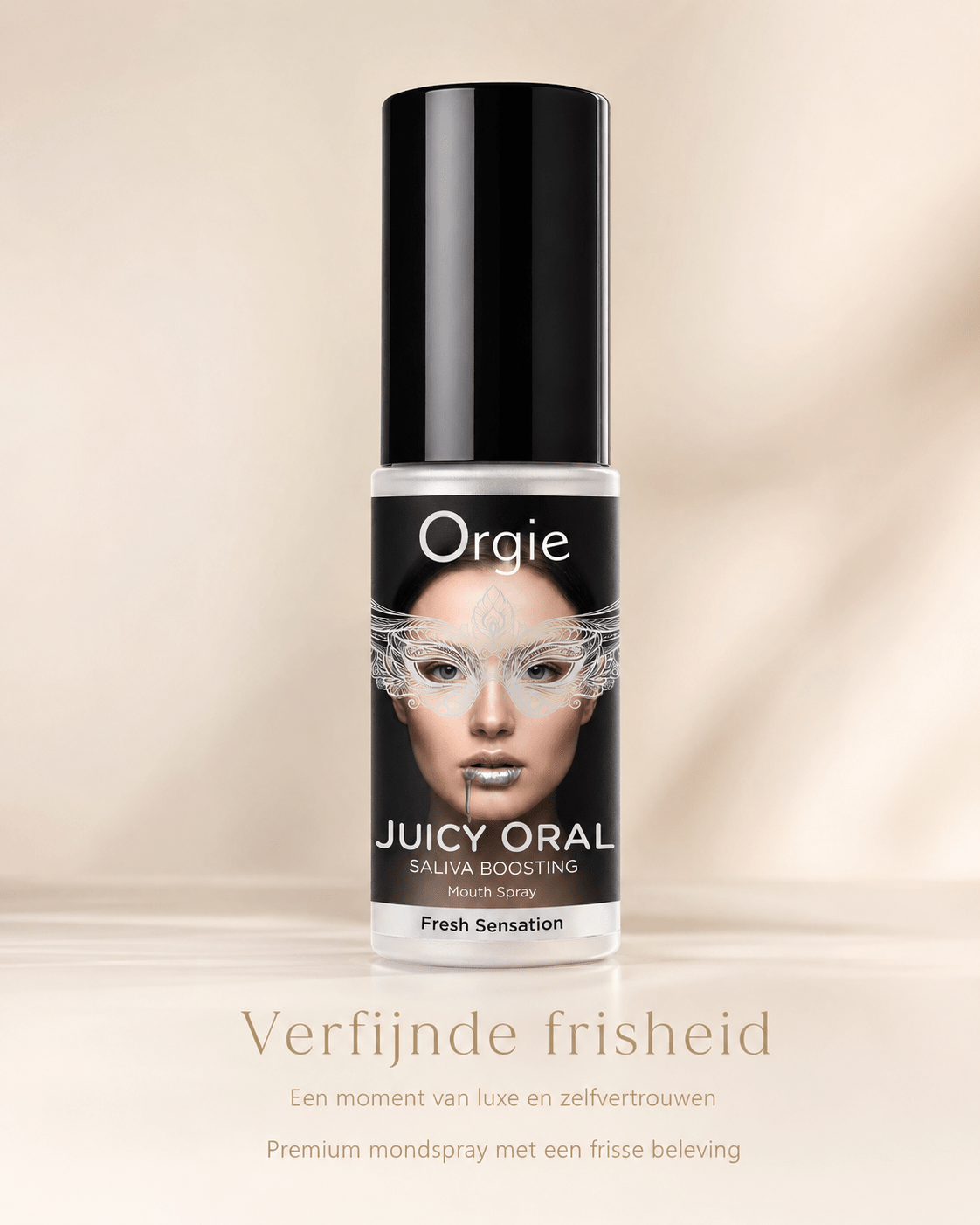 Orgie Juicy Oral speekselversterkende mondspray munt 15 ml in zwarte sprayflacon met gezichtlabel