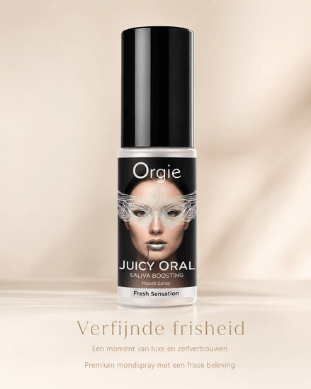 Orgie Juicy Oral speekselversterkende mondspray munt 15 ml in zwarte sprayflacon met gezichtlabel