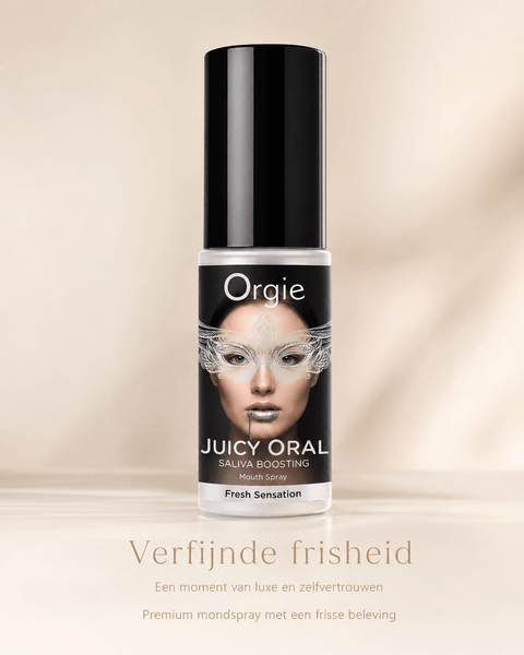 Orgie Juicy Oral speekselversterkende mondspray munt 15 ml in zwarte sprayflacon met gezichtlabel