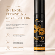 Orgie Liquid Pulse gel in zwarte flacon op lichte marmeren achtergrond met tekst Intense, Verbindend, Onvergetelijk