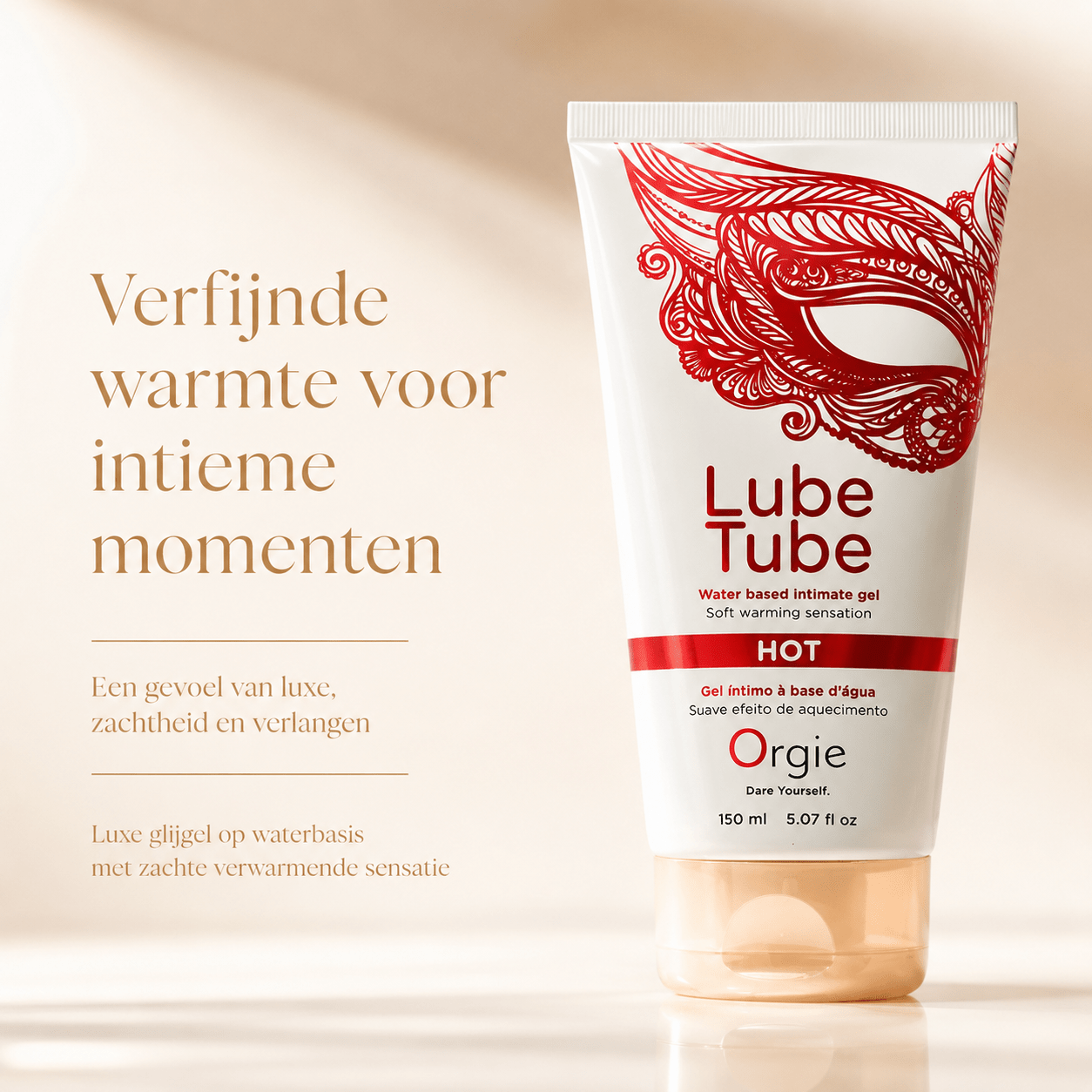 Orgie Lube Tube Hot glijgel op waterbasis in witte tube, luxe campagnebeeld met verwarmende sensatie