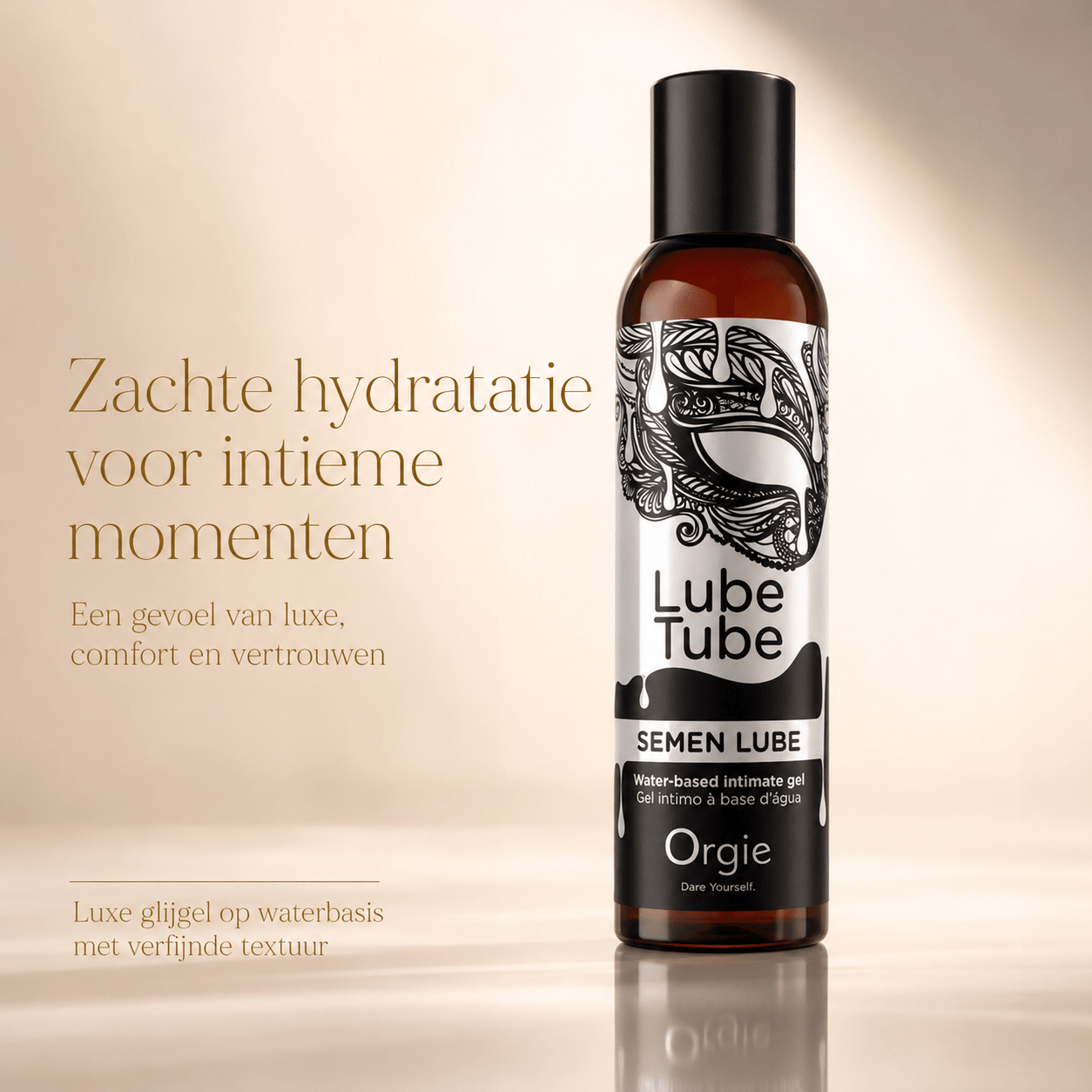 Orgie Lube Tube Semen Lube glijgel op waterbasis in luxe beige campagnebeeld voor zachte hydratatie