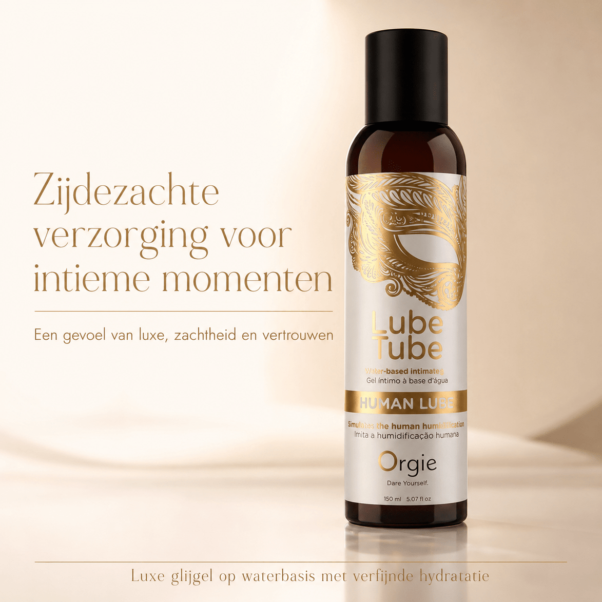 Orgie Lube Tube glijgel op waterbasis in luxe beige campagnebeeld met tekst over zachte verzorging voor intieme momenten