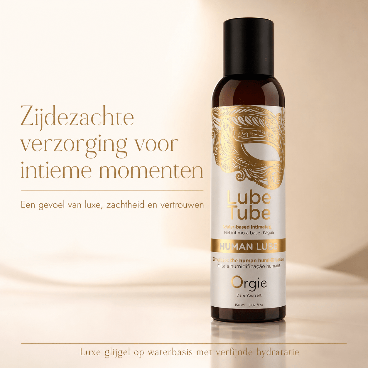 Orgie Lube Tube glijgel op waterbasis in luxe beige campagnebeeld met tekst over zachte verzorging voor intieme momenten