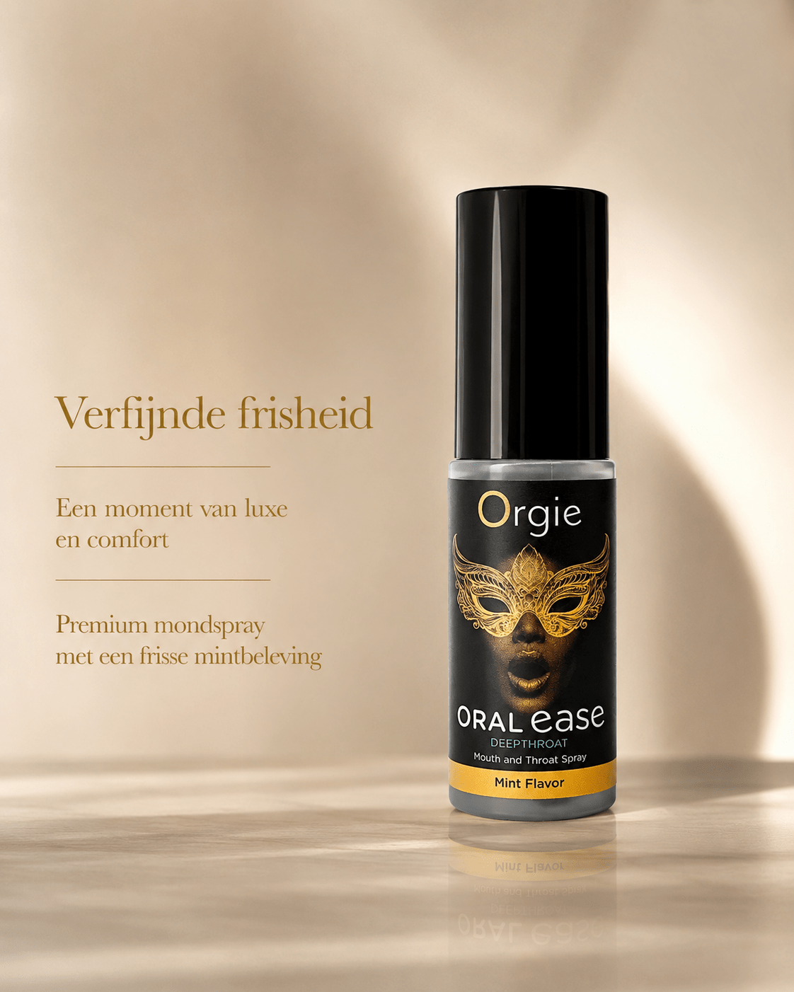 Orgie Oral Ease Spray Mint 15 ml in zwarte sprayflacon met goud maskerlabel en tekst Verfijnde frisheid