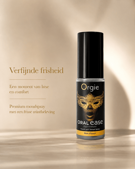 Orgie Oral Ease Spray Mint 15 ml in zwarte sprayflacon met goud maskerlabel en tekst Verfijnde frisheid