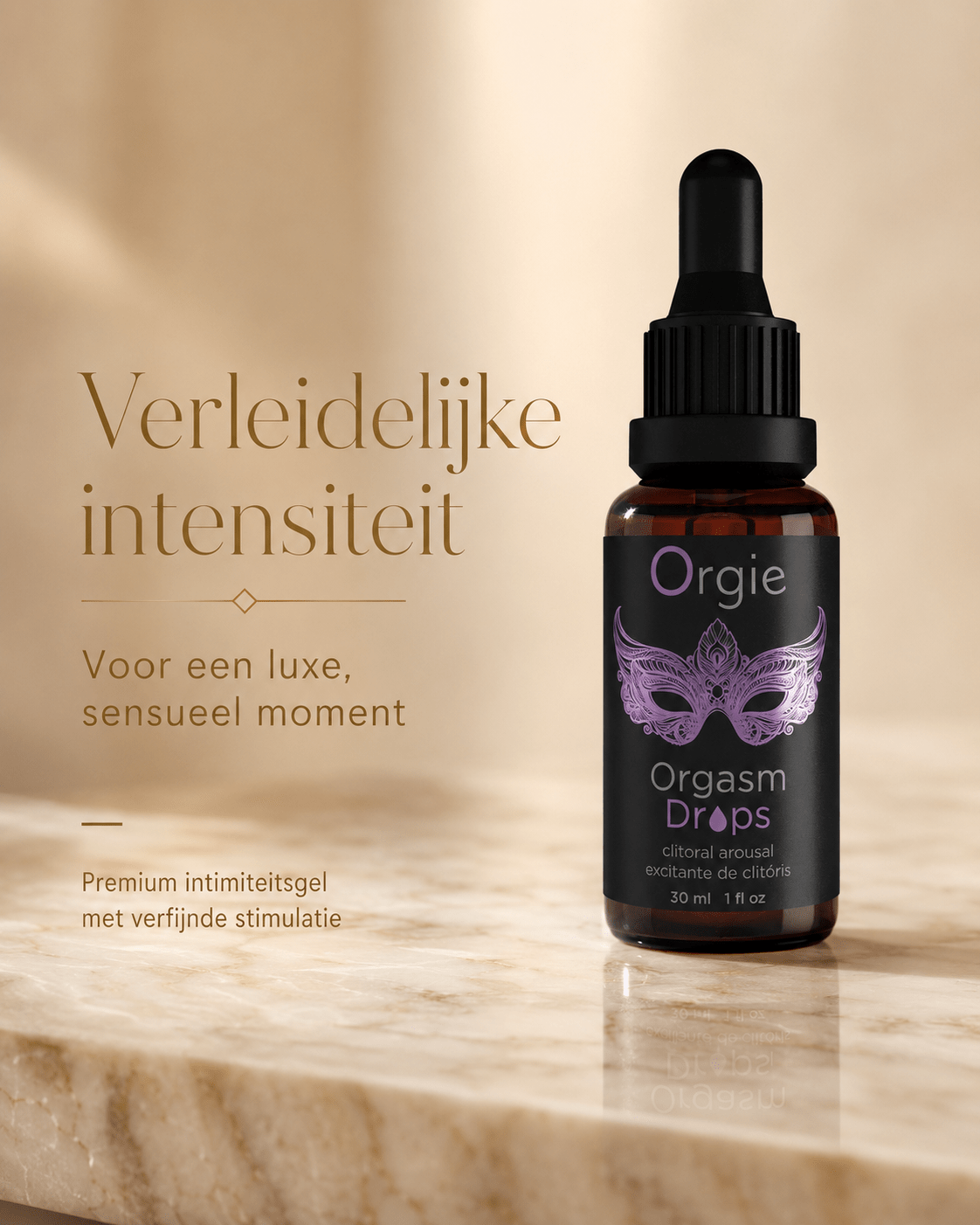 Orgie Orgasm Drops Clitoris Stimulerend 30 ml in bruine pipetflacon met paarse maskerprint en tekst Verleidelijke intensiteit