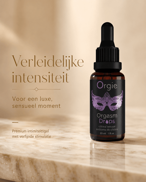Orgie Orgasm Drops Clitoris Stimulerend 30 ml in bruine pipetflacon met paarse maskerprint en tekst Verleidelijke intensiteit