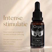 Orgie Orgasm Drops Intense 30 ml in bruine pipetflacon met zilver maskerlabel en tekst Intense stimulatie