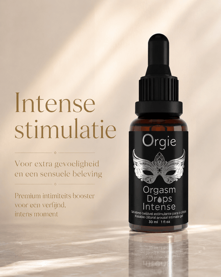 Orgie Orgasm Drops Intense 30 ml in bruine pipetflacon met zilver maskerlabel en tekst Intense stimulatie