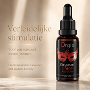 Orgie Orgasm Drops Kissable 30 ml in bruine pipetflacon met rode maskerprint en tekst Verleidelijke stimulatie