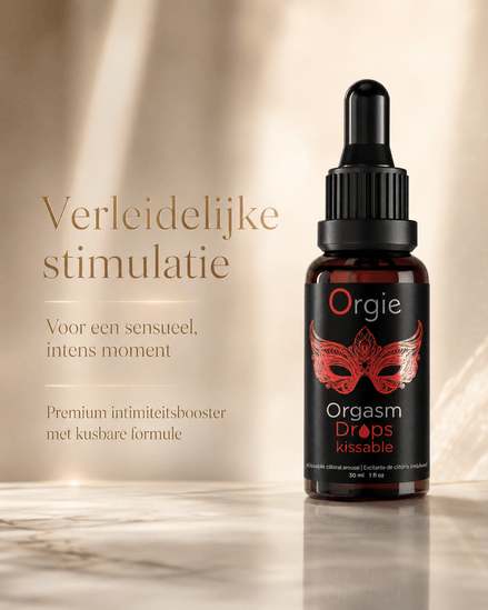 Orgie Orgasm Drops Kissable 30 ml in bruine pipetflacon met rode maskerprint en tekst Verleidelijke stimulatie