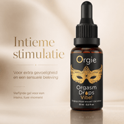 Orgie Orgasm Drops Vibe 15 ml in bruine pipetflacon met goud maskerlabel en tekst Intieme stimulatie