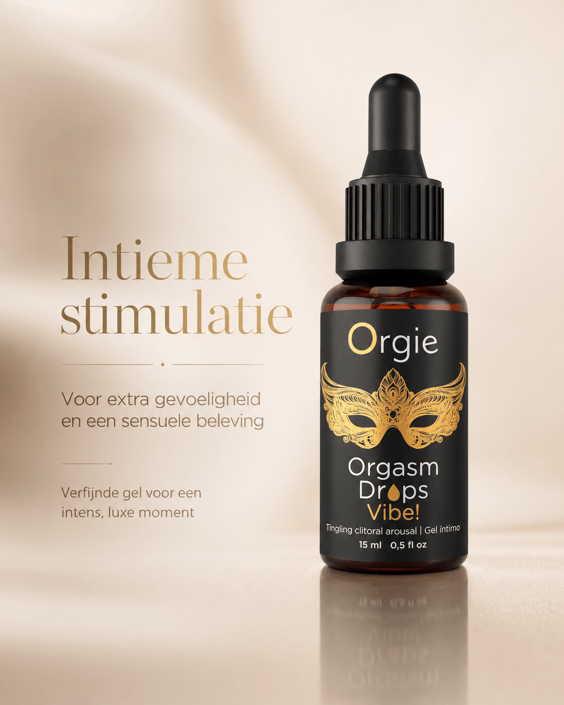 Orgie Orgasm Drops Vibe 15 ml in bruine pipetflacon met goud maskerlabel en tekst Intieme stimulatie