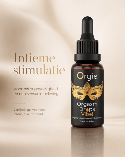 Orgie Orgasm Drops Vibe 15 ml in bruine pipetflacon met goud maskerlabel en tekst Intieme stimulatie