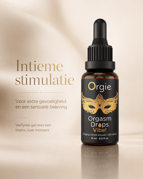 Orgie Orgasm Drops Vibe 15 ml in bruine pipetflacon met goud maskerlabel en tekst Intieme stimulatie