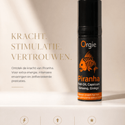 Orgie Piranha stimulerende crème voor mannen in zwarte pompflacon op lichte luxe productbanner