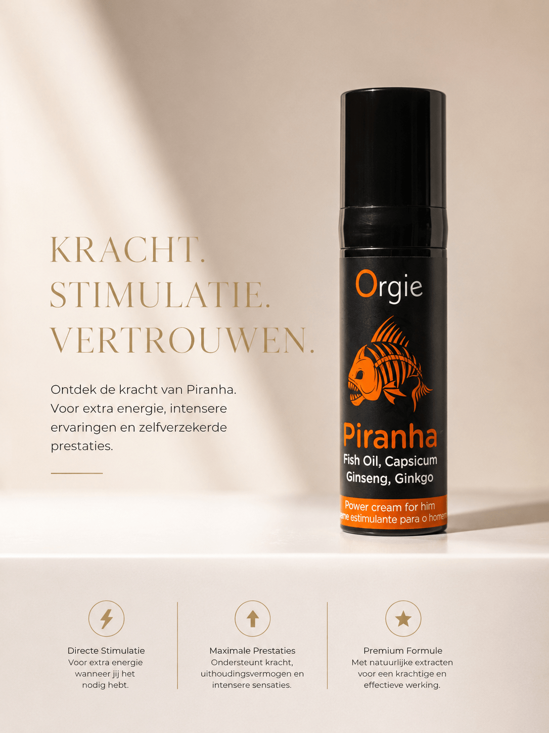 Orgie Piranha stimulerende crème voor mannen in zwarte pompflacon op lichte luxe productbanner
